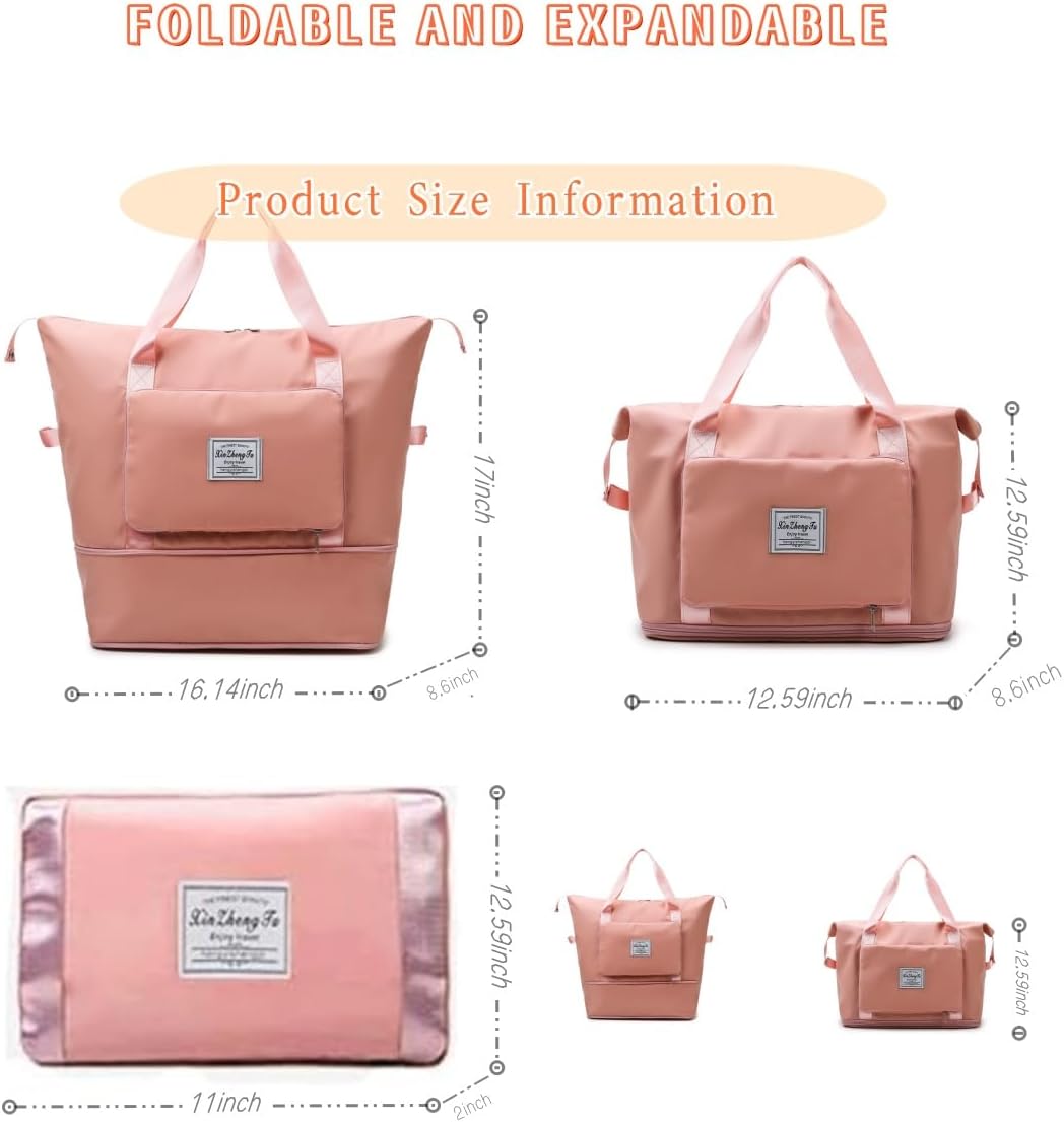 Large Capacity Foldable Travel Bag, Expandable lightweight Carry on Bag, Dry with Wet Separation Spor Duffel Bags (Sweet Powder)