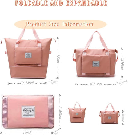 Large Capacity Foldable Travel Bag, Expandable lightweight Carry on Bag, Dry with Wet Separation Spor Duffel Bags (Sweet Powder)