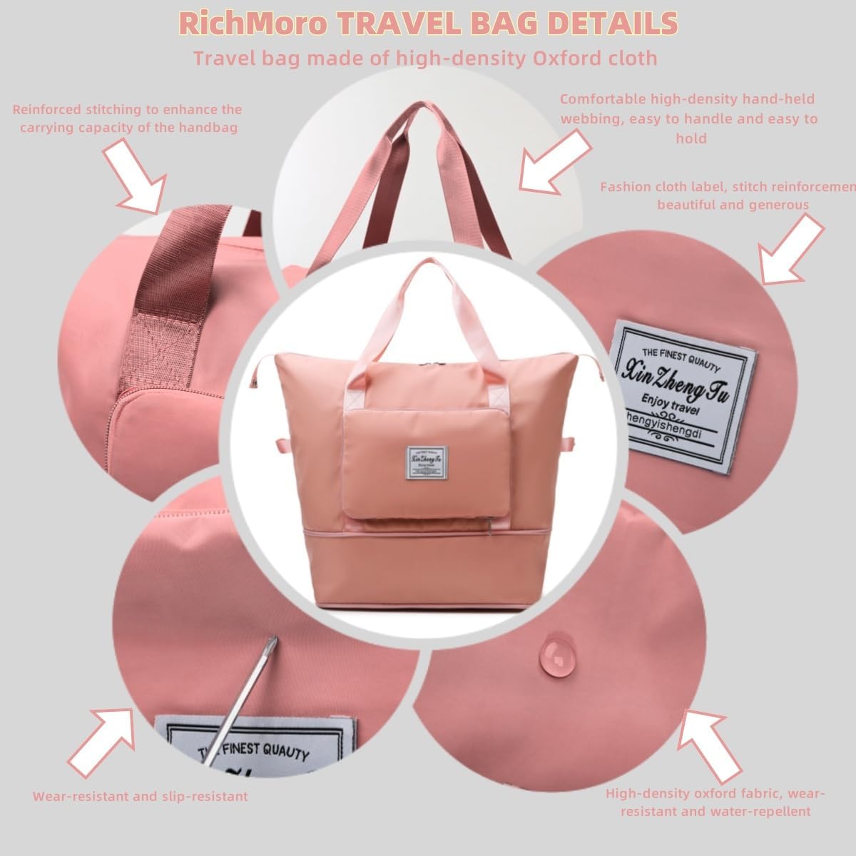 Large Capacity Foldable Travel Bag, Expandable lightweight Carry on Bag, Dry with Wet Separation Spor Duffel Bags (Sweet Powder)