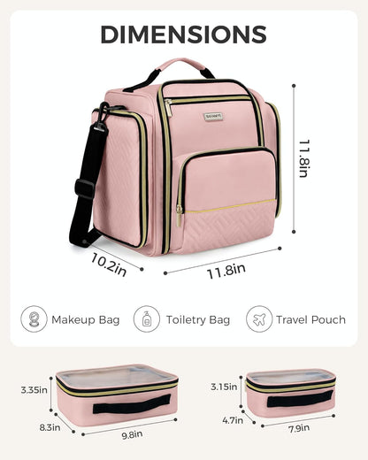 Large Travel Makeup Bag - Cosmetic Organizer with 4 Removable Inner Pockets, Multi-functional Toiletry Bag for Accessories & Brushes, Women's Beauty Case, Pink
