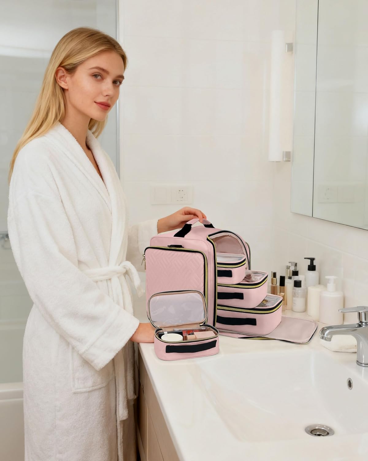 Large Travel Makeup Bag - Cosmetic Organizer with 4 Removable Inner Pockets, Multi-functional Toiletry Bag for Accessories & Brushes, Women's Beauty Case, Pink