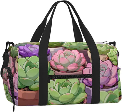 Succulent Plant Set Duffel Bag with Shoe Compartment-Sports Gym Weekender for Men Women, Waterproof Travel Tote with Wet Pocket for Dirty Shoes