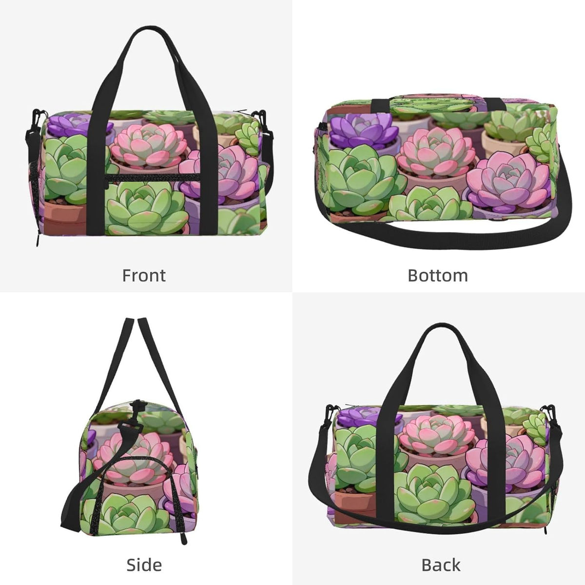 Succulent Plant Set Duffel Bag with Shoe Compartment-Sports Gym Weekender for Men Women, Waterproof Travel Tote with Wet Pocket for Dirty Shoes