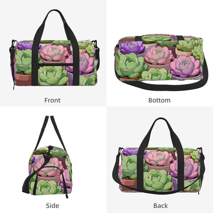 Succulent Plant Set Duffel Bag with Shoe Compartment-Sports Gym Weekender for Men Women, Waterproof Travel Tote with Wet Pocket for Dirty Shoes