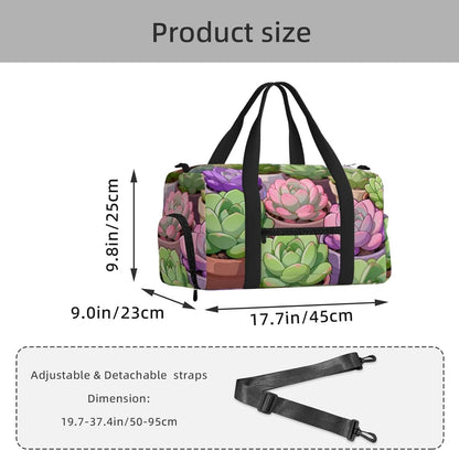 Succulent Plant Set Duffel Bag with Shoe Compartment-Sports Gym Weekender for Men Women, Waterproof Travel Tote with Wet Pocket for Dirty Shoes