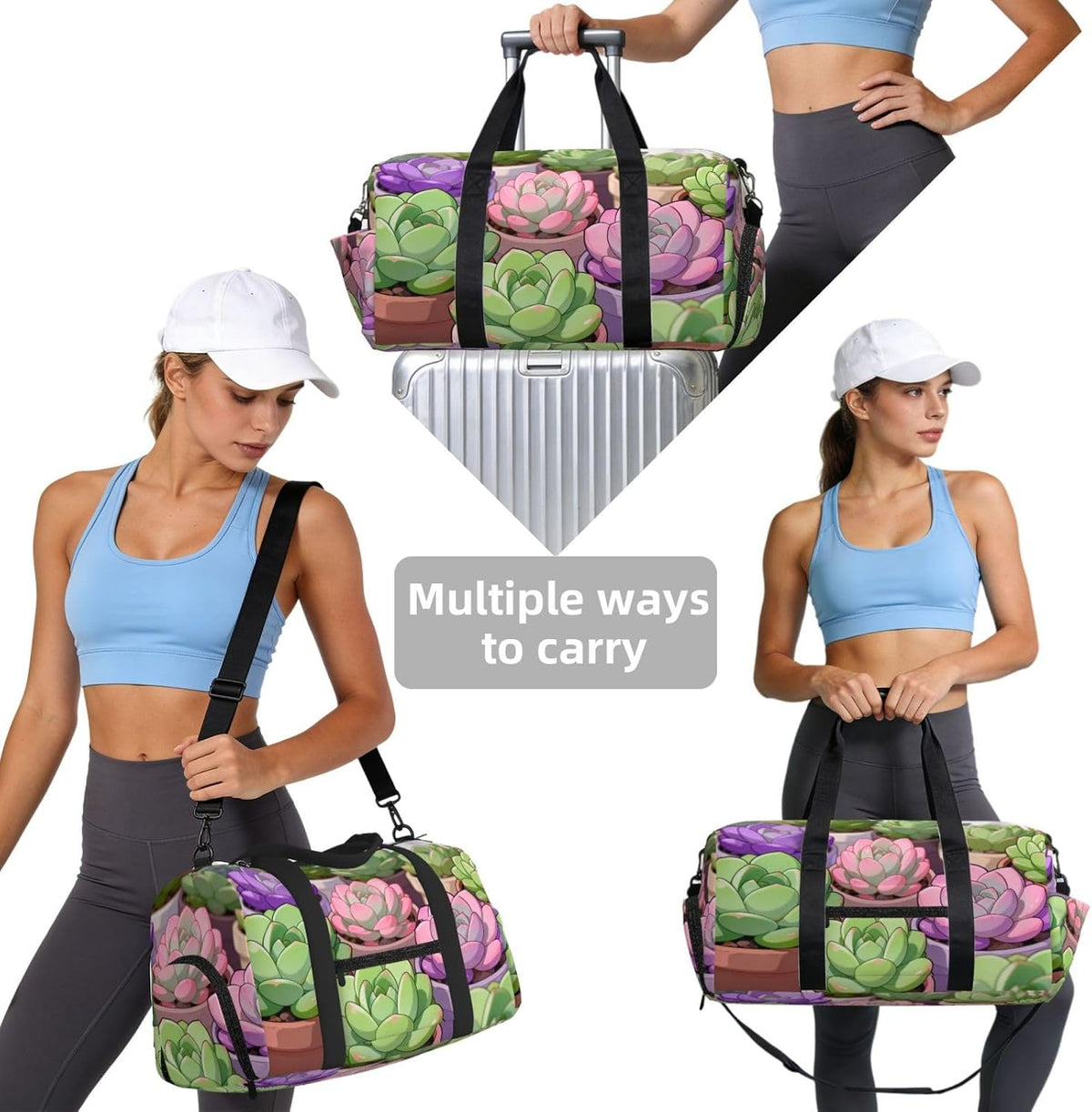 Succulent Plant Set Duffel Bag with Shoe Compartment-Sports Gym Weekender for Men Women, Waterproof Travel Tote with Wet Pocket for Dirty Shoes