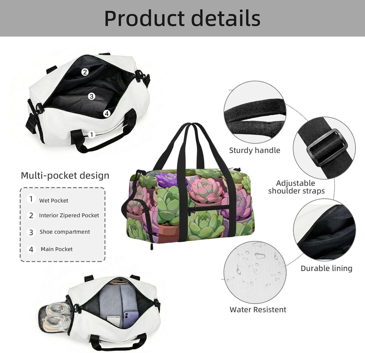 Succulent Plant Set Duffel Bag with Shoe Compartment-Sports Gym Weekender for Men Women, Waterproof Travel Tote with Wet Pocket for Dirty Shoes