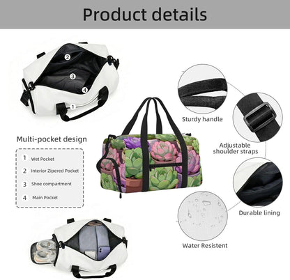 Succulent Plant Set Duffel Bag with Shoe Compartment-Sports Gym Weekender for Men Women, Waterproof Travel Tote with Wet Pocket for Dirty Shoes