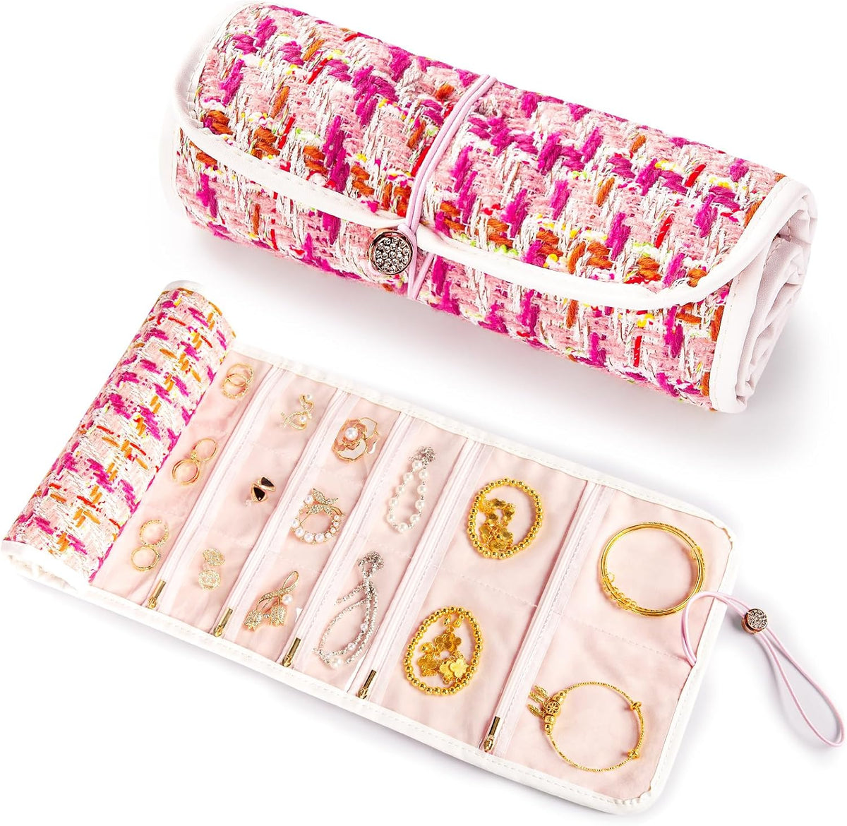 Tweed Travel Jewelry Organizer Roll with 20 Compartments - Rhinestone Button, Anti-Tarnish & Tangle-Free Necklace Storage Bag, Velvet Lined Scratch Protection Case for Women - Pink
