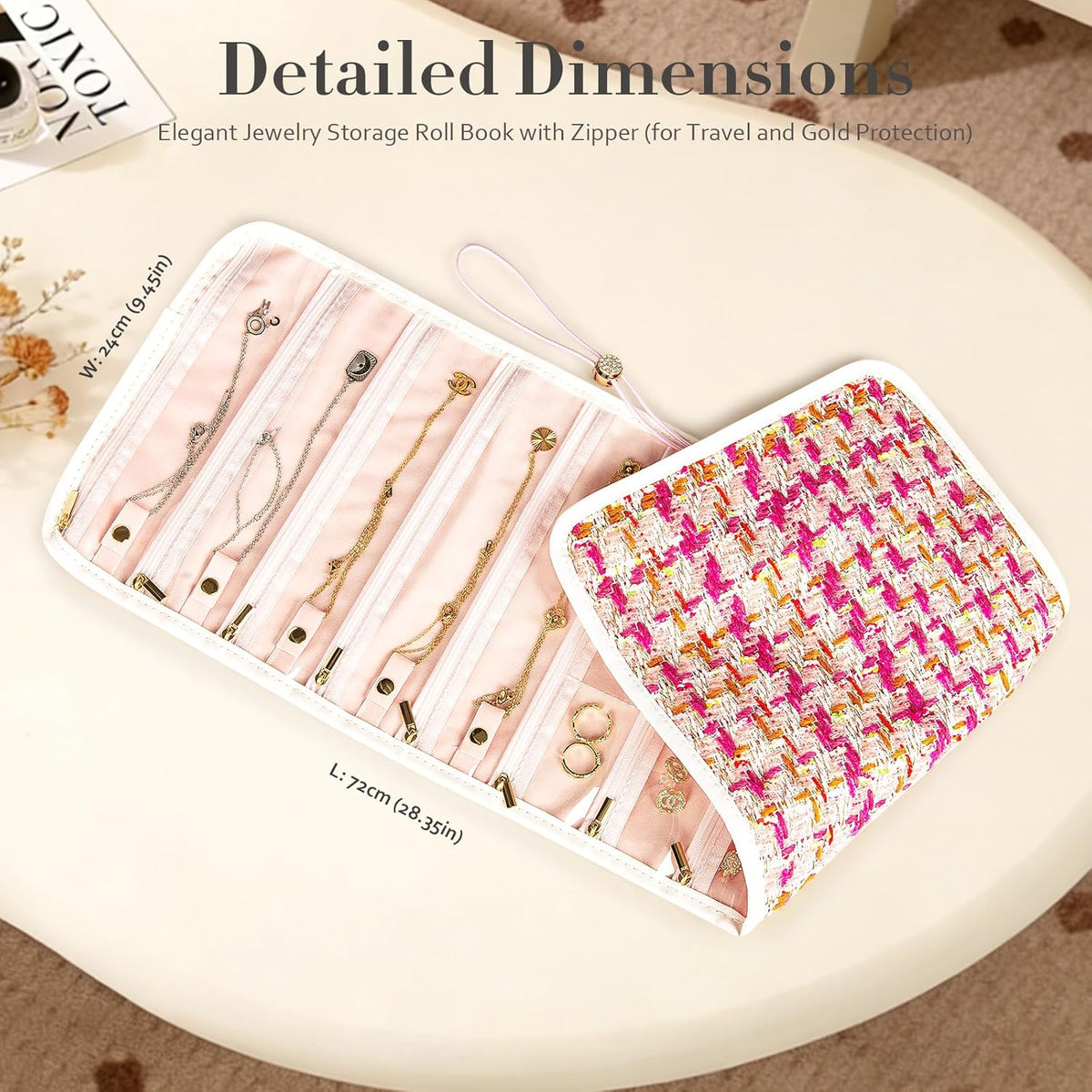 Tweed Travel Jewelry Organizer Roll with 20 Compartments - Rhinestone Button, Anti-Tarnish & Tangle-Free Necklace Storage Bag, Velvet Lined Scratch Protection Case for Women - Pink