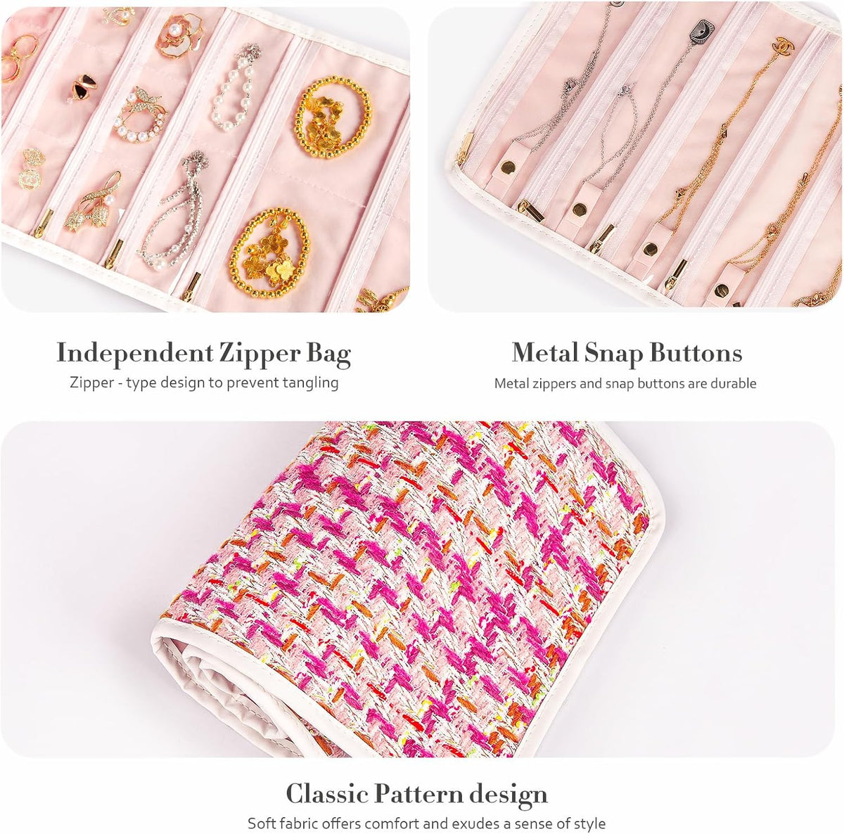 Tweed Travel Jewelry Organizer Roll with 20 Compartments - Rhinestone Button, Anti-Tarnish & Tangle-Free Necklace Storage Bag, Velvet Lined Scratch Protection Case for Women - Pink