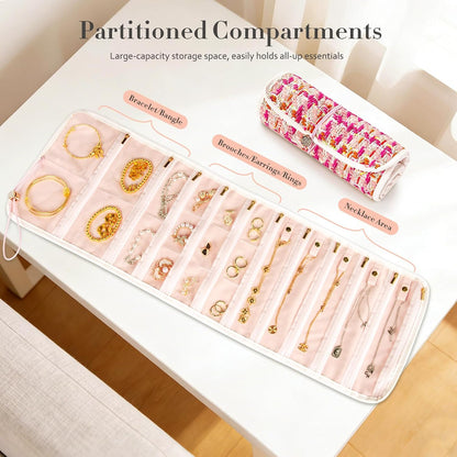 Tweed Travel Jewelry Organizer Roll with 20 Compartments - Rhinestone Button, Anti-Tarnish & Tangle-Free Necklace Storage Bag, Velvet Lined Scratch Protection Case for Women - Pink