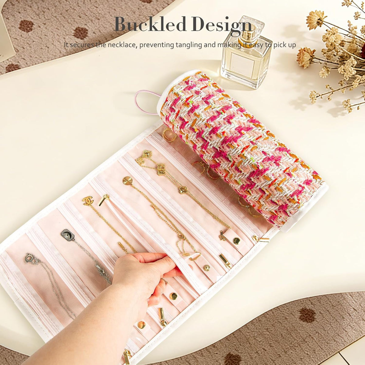 Tweed Travel Jewelry Organizer Roll with 20 Compartments - Rhinestone Button, Anti-Tarnish & Tangle-Free Necklace Storage Bag, Velvet Lined Scratch Protection Case for Women - Pink