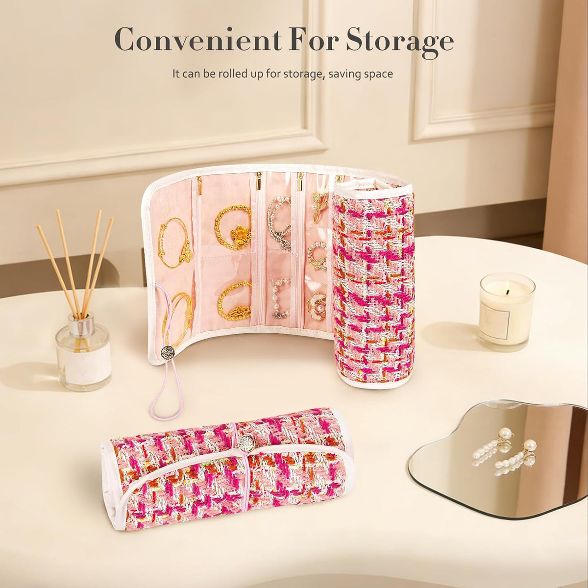 Tweed Travel Jewelry Organizer Roll with 20 Compartments - Rhinestone Button, Anti-Tarnish & Tangle-Free Necklace Storage Bag, Velvet Lined Scratch Protection Case for Women - Pink