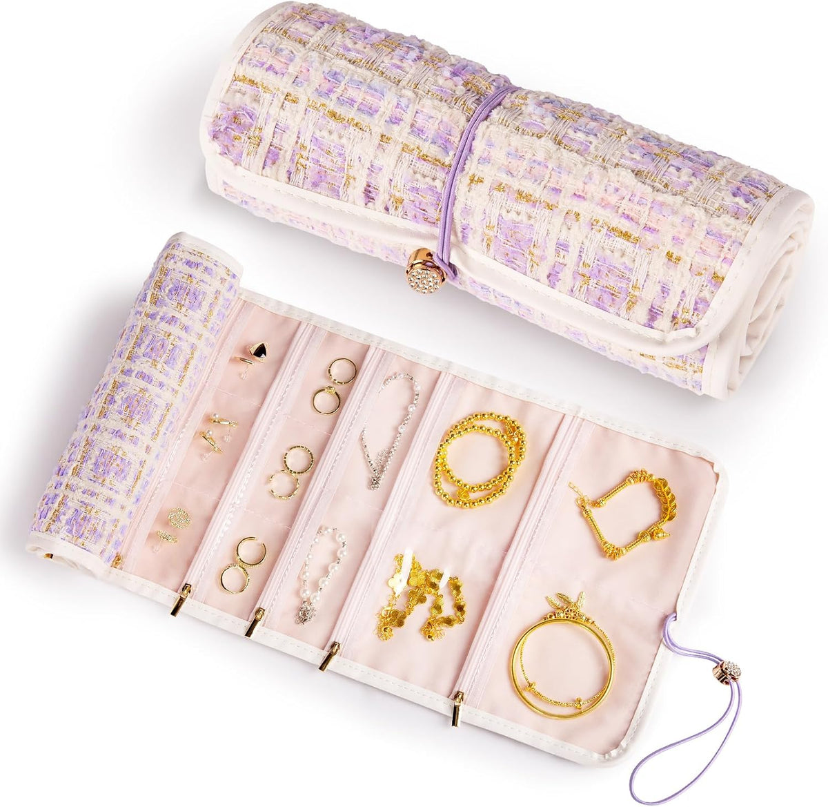 Tweed Travel Jewelry Organizer Roll with 20 Compartments - Rhinestone Button, Anti-Tarnish & Tangle-Free Necklace Storage Bag, Velvet Lined Scratch Protection Case for Women - Pink