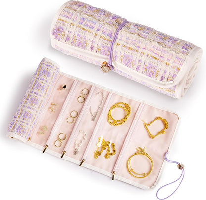 Tweed Travel Jewelry Organizer Roll with 20 Compartments - Rhinestone Button, Anti-Tarnish & Tangle-Free Necklace Storage Bag, Velvet Lined Scratch Protection Case for Women - Pink