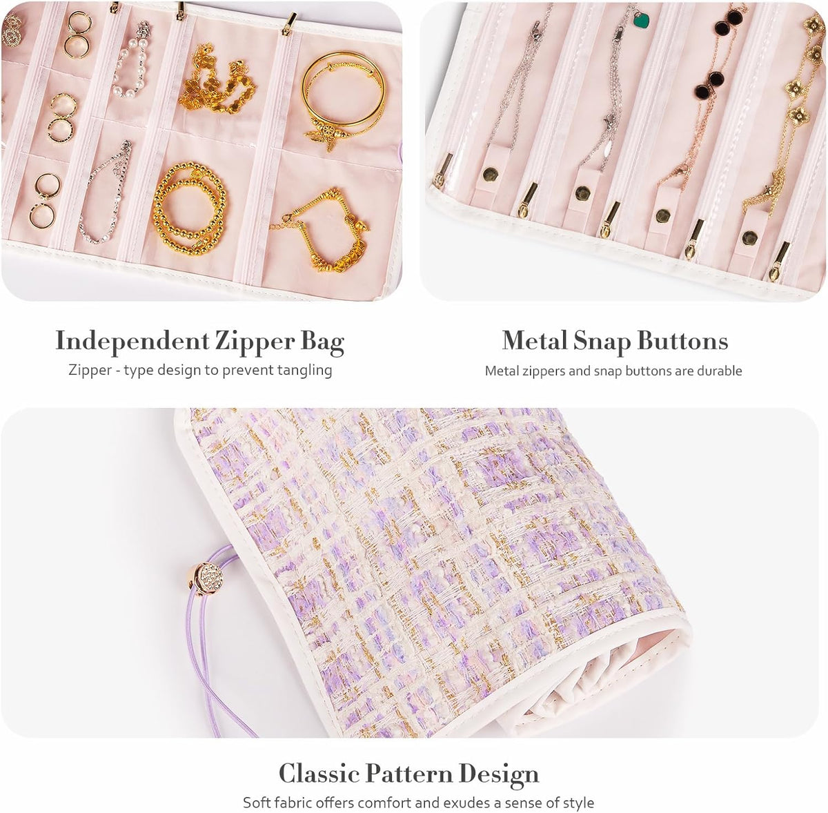 Tweed Travel Jewelry Organizer Roll with 20 Compartments - Rhinestone Button, Anti-Tarnish & Tangle-Free Necklace Storage Bag, Velvet Lined Scratch Protection Case for Women - Pink