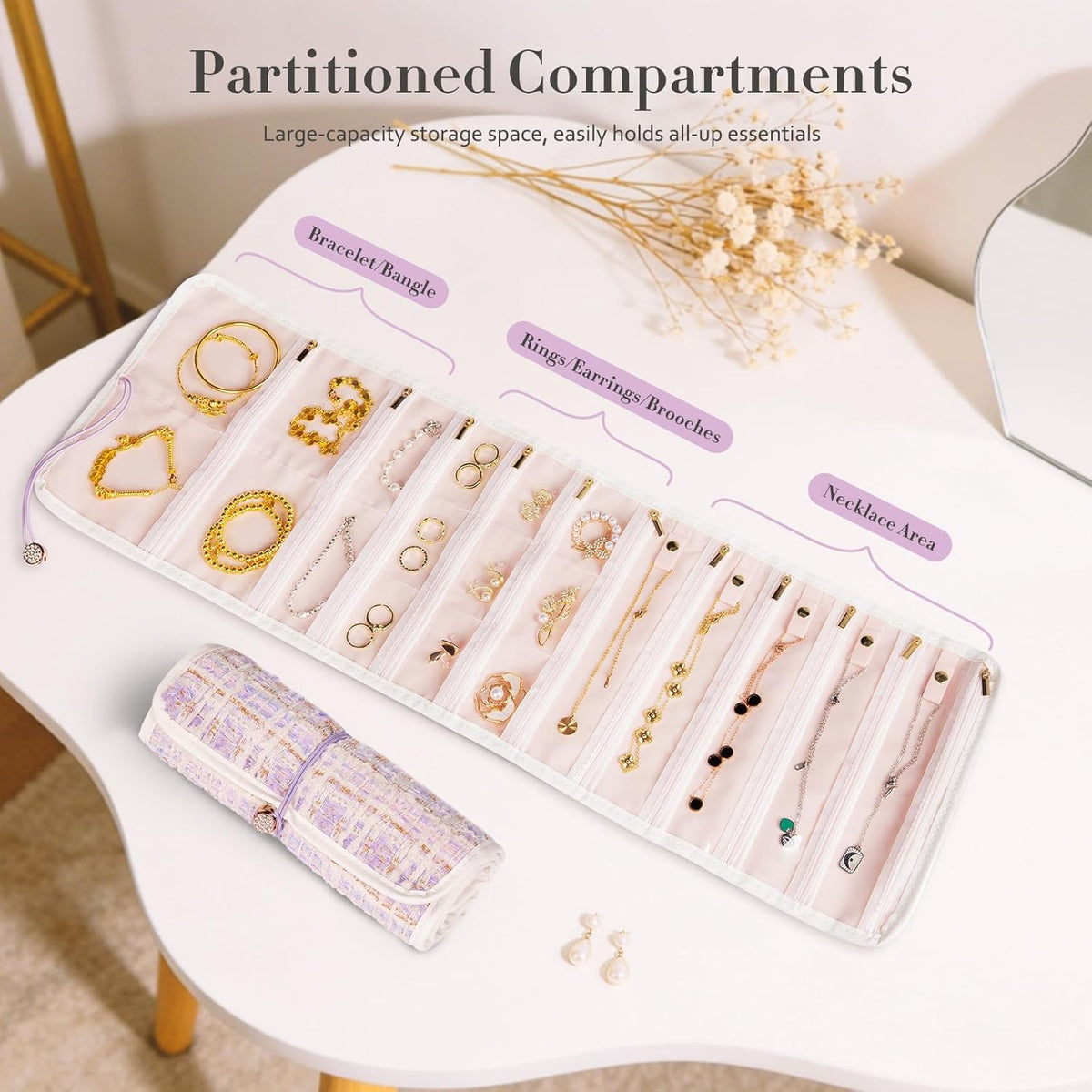 Tweed Travel Jewelry Organizer Roll with 20 Compartments - Rhinestone Button, Anti-Tarnish & Tangle-Free Necklace Storage Bag, Velvet Lined Scratch Protection Case for Women - Pink