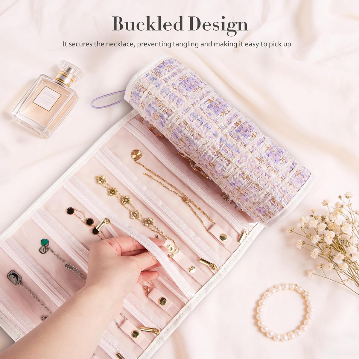 Tweed Travel Jewelry Organizer Roll with 20 Compartments - Rhinestone Button, Anti-Tarnish & Tangle-Free Necklace Storage Bag, Velvet Lined Scratch Protection Case for Women - Pink