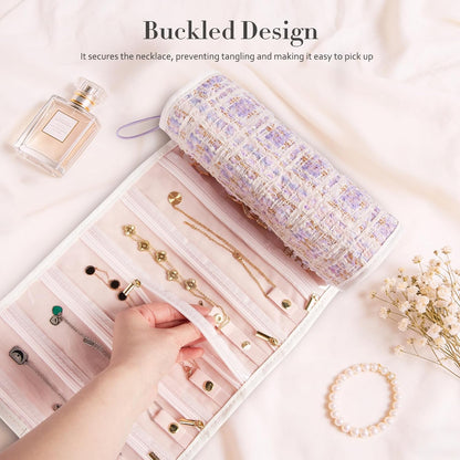 Tweed Travel Jewelry Organizer Roll with 20 Compartments - Rhinestone Button, Anti-Tarnish & Tangle-Free Necklace Storage Bag, Velvet Lined Scratch Protection Case for Women - Pink