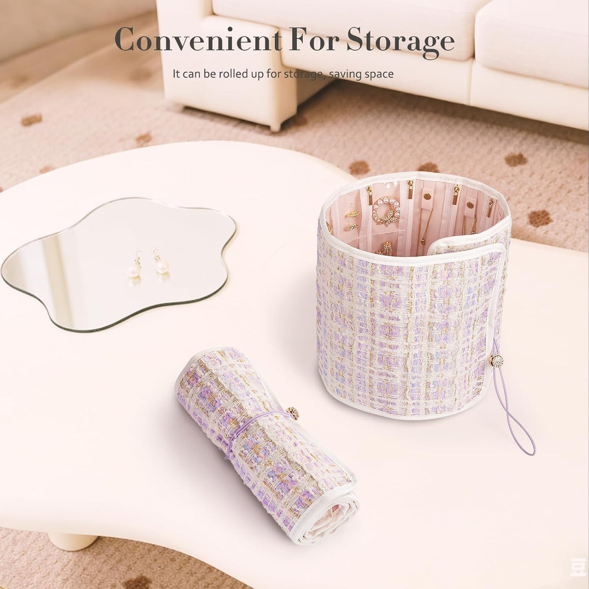 Tweed Travel Jewelry Organizer Roll with 20 Compartments - Rhinestone Button, Anti-Tarnish & Tangle-Free Necklace Storage Bag, Velvet Lined Scratch Protection Case for Women - Pink