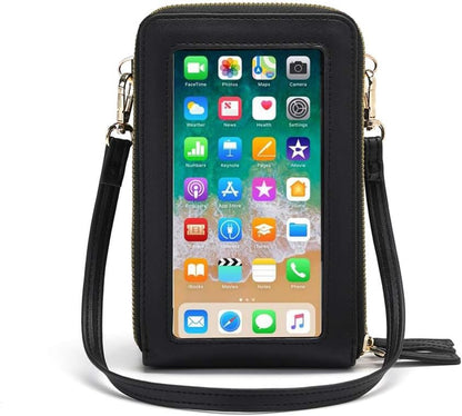 Touch Screen RFID Phone Crossbody Purse with 2 Straps for Women | Clear phone window, RFID card space, 11 slots and zip pockets support quick calls, errands, theme parks and travel