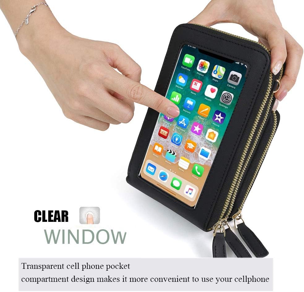 Touch Screen RFID Phone Crossbody Purse with 2 Straps for Women | Clear phone window, RFID card space, 11 slots and zip pockets support quick calls, errands, theme parks and travel