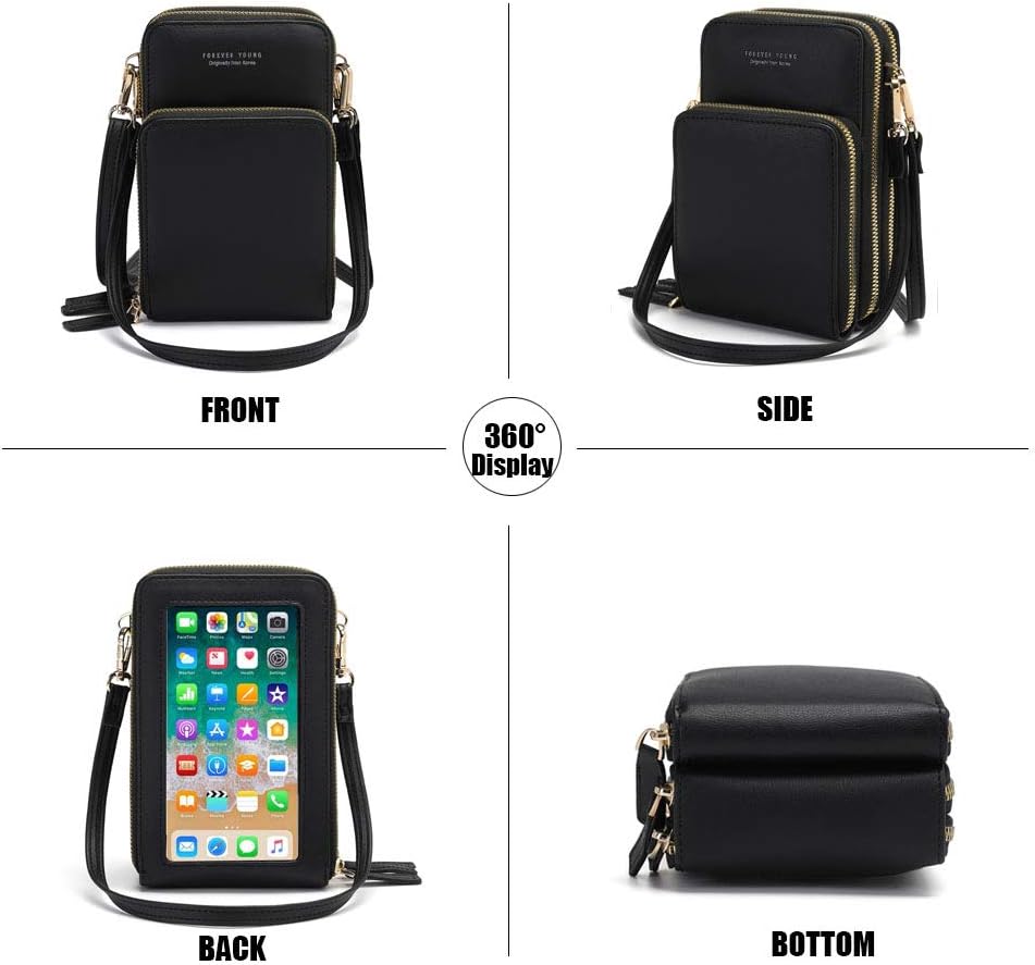 Touch Screen RFID Phone Crossbody Purse with 2 Straps for Women | Clear phone window, RFID card space, 11 slots and zip pockets support quick calls, errands, theme parks and travel