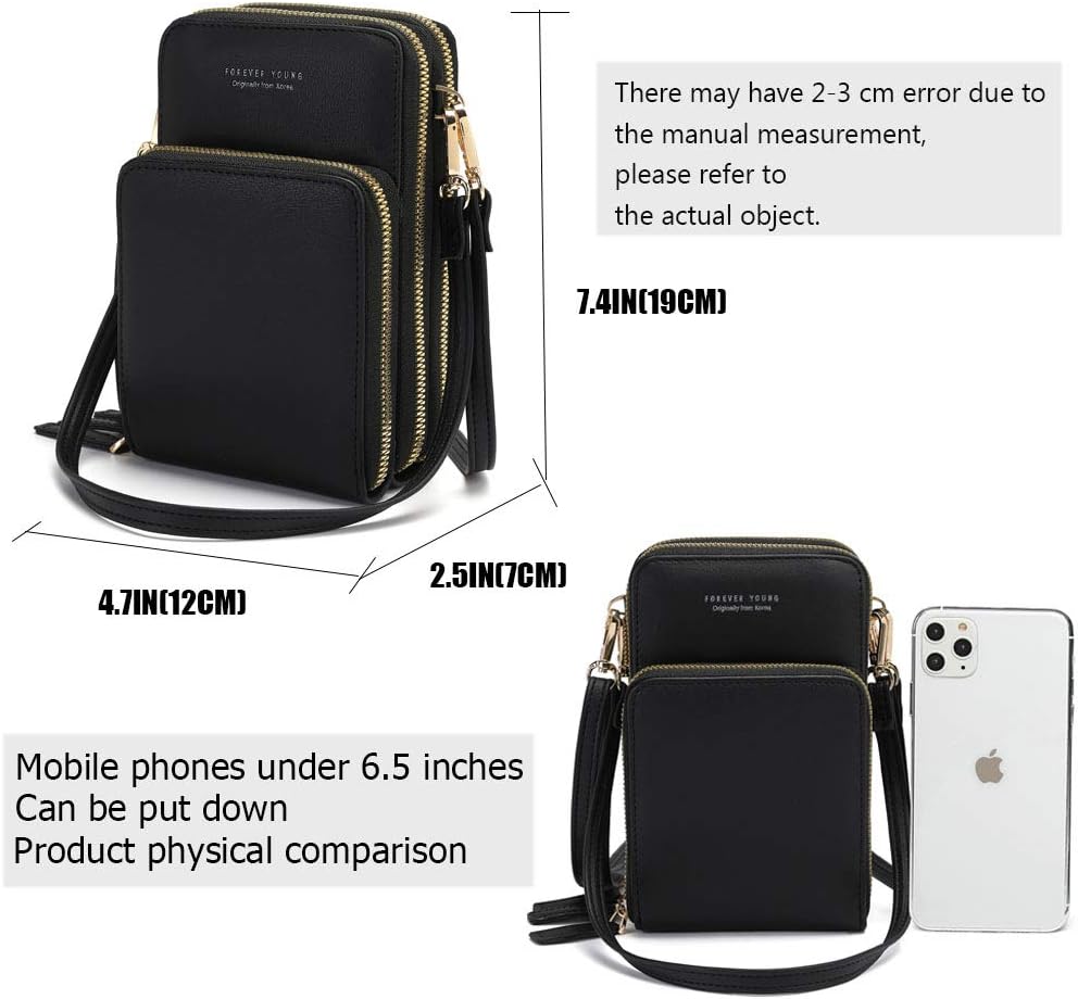 Touch Screen RFID Phone Crossbody Purse with 2 Straps for Women | Clear phone window, RFID card space, 11 slots and zip pockets support quick calls, errands, theme parks and travel