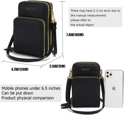 Touch Screen RFID Phone Crossbody Purse with 2 Straps for Women | Clear phone window, RFID card space, 11 slots and zip pockets support quick calls, errands, theme parks and travel