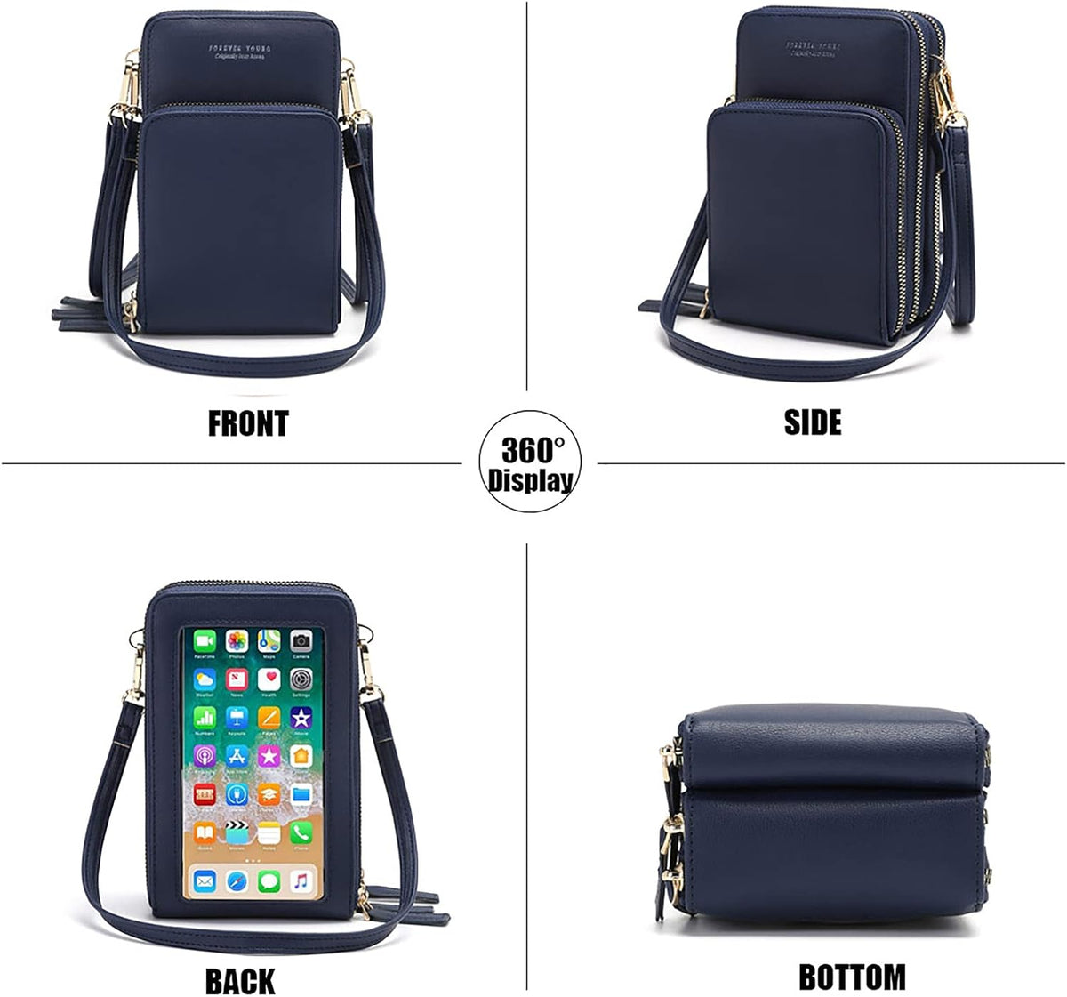 Touch Screen RFID Phone Crossbody Purse with 2 Straps for Women | Clear phone window, RFID card space, 11 slots and zip pockets support quick calls, errands, theme parks and travel