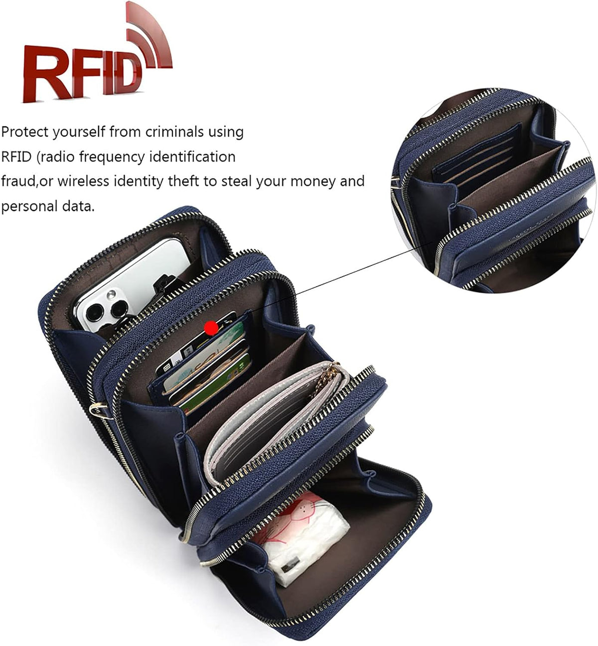 Touch Screen RFID Phone Crossbody Purse with 2 Straps for Women | Clear phone window, RFID card space, 11 slots and zip pockets support quick calls, errands, theme parks and travel