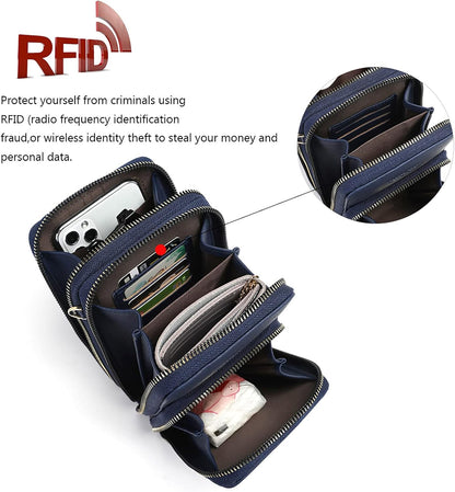 Touch Screen RFID Phone Crossbody Purse with 2 Straps for Women | Clear phone window, RFID card space, 11 slots and zip pockets support quick calls, errands, theme parks and travel