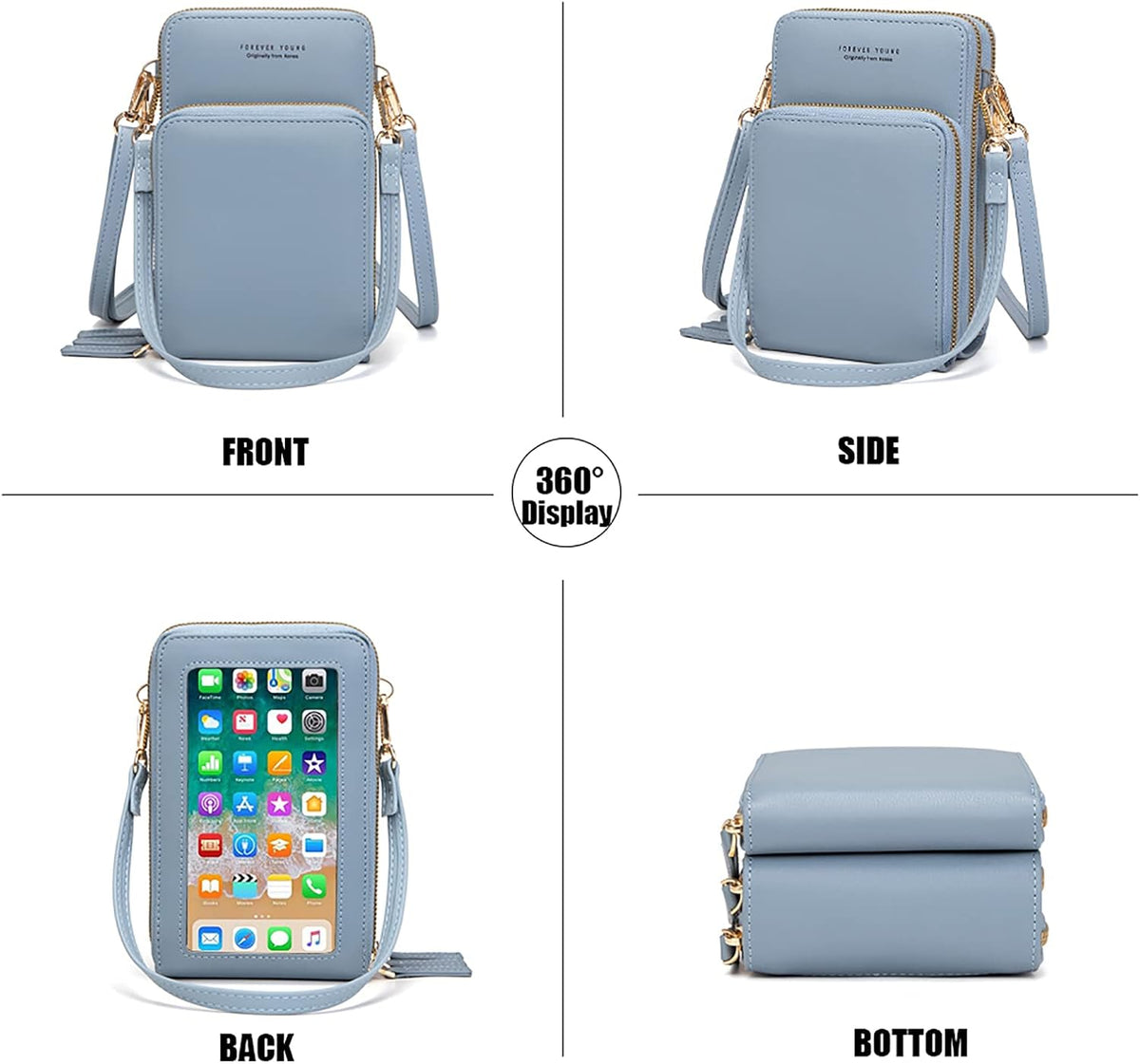 Touch Screen RFID Phone Crossbody Purse with 2 Straps for Women | Clear phone window, RFID card space, 11 slots and zip pockets support quick calls, errands, theme parks and travel