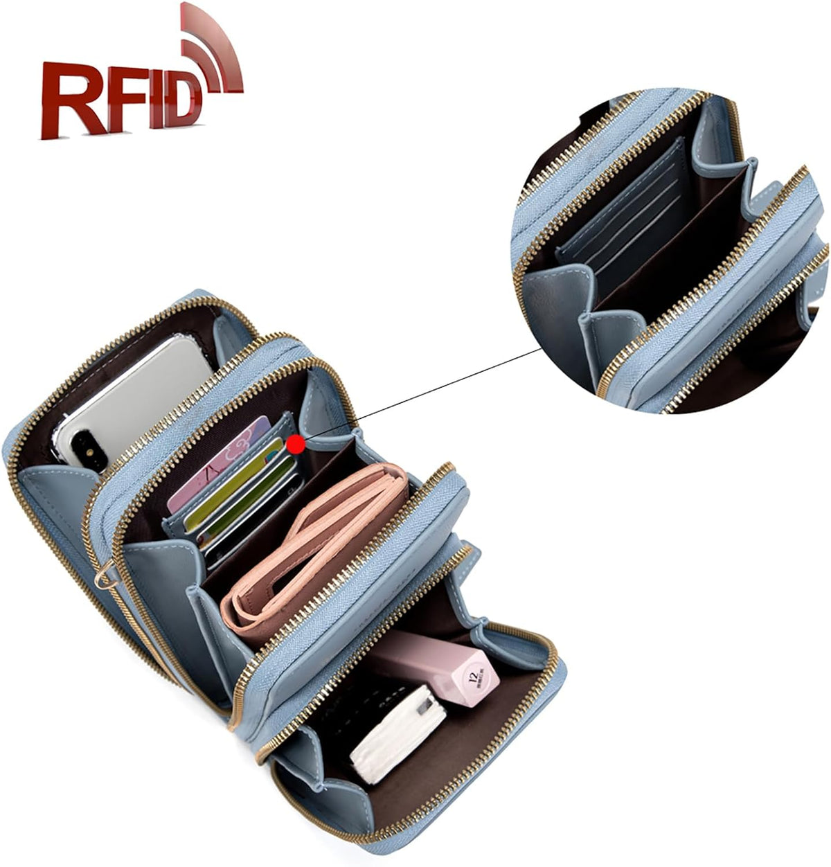 Touch Screen RFID Phone Crossbody Purse with 2 Straps for Women | Clear phone window, RFID card space, 11 slots and zip pockets support quick calls, errands, theme parks and travel