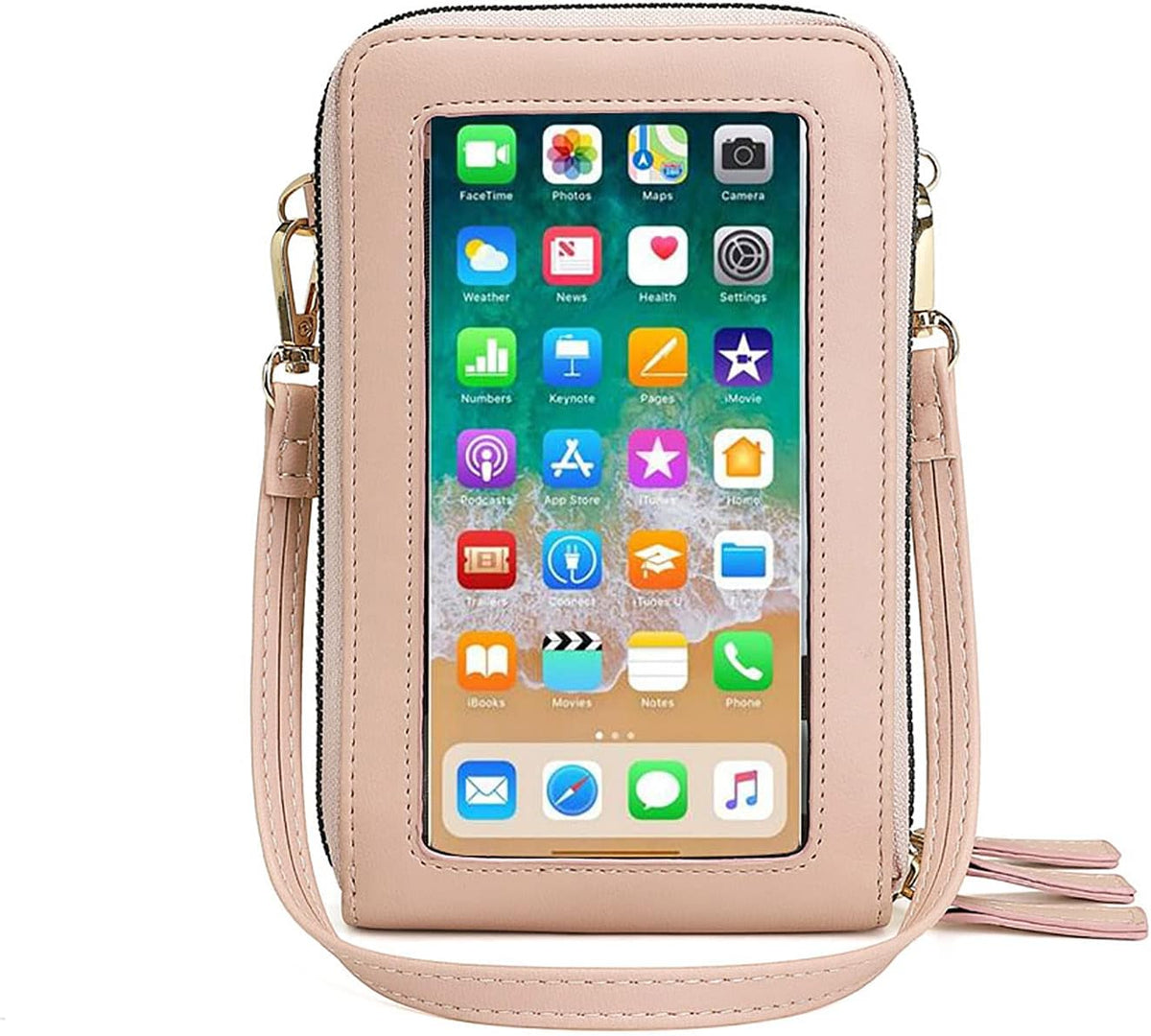 Touch Screen RFID Phone Crossbody Purse with 2 Straps for Women | Clear phone window, RFID card space, 11 slots and zip pockets support quick calls, errands, theme parks and travel