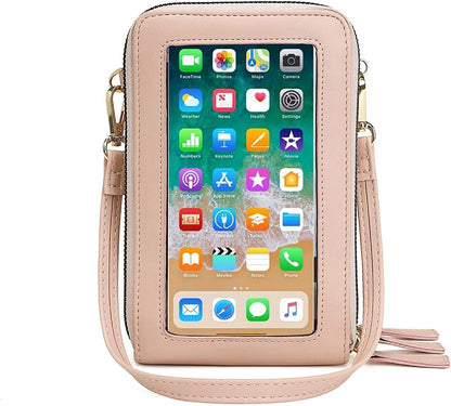 Touch Screen RFID Phone Crossbody Purse with 2 Straps for Women | Clear phone window, RFID card space, 11 slots and zip pockets support quick calls, errands, theme parks and travel