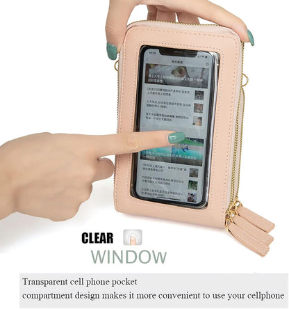 Touch Screen RFID Phone Crossbody Purse with 2 Straps for Women | Clear phone window, RFID card space, 11 slots and zip pockets support quick calls, errands, theme parks and travel