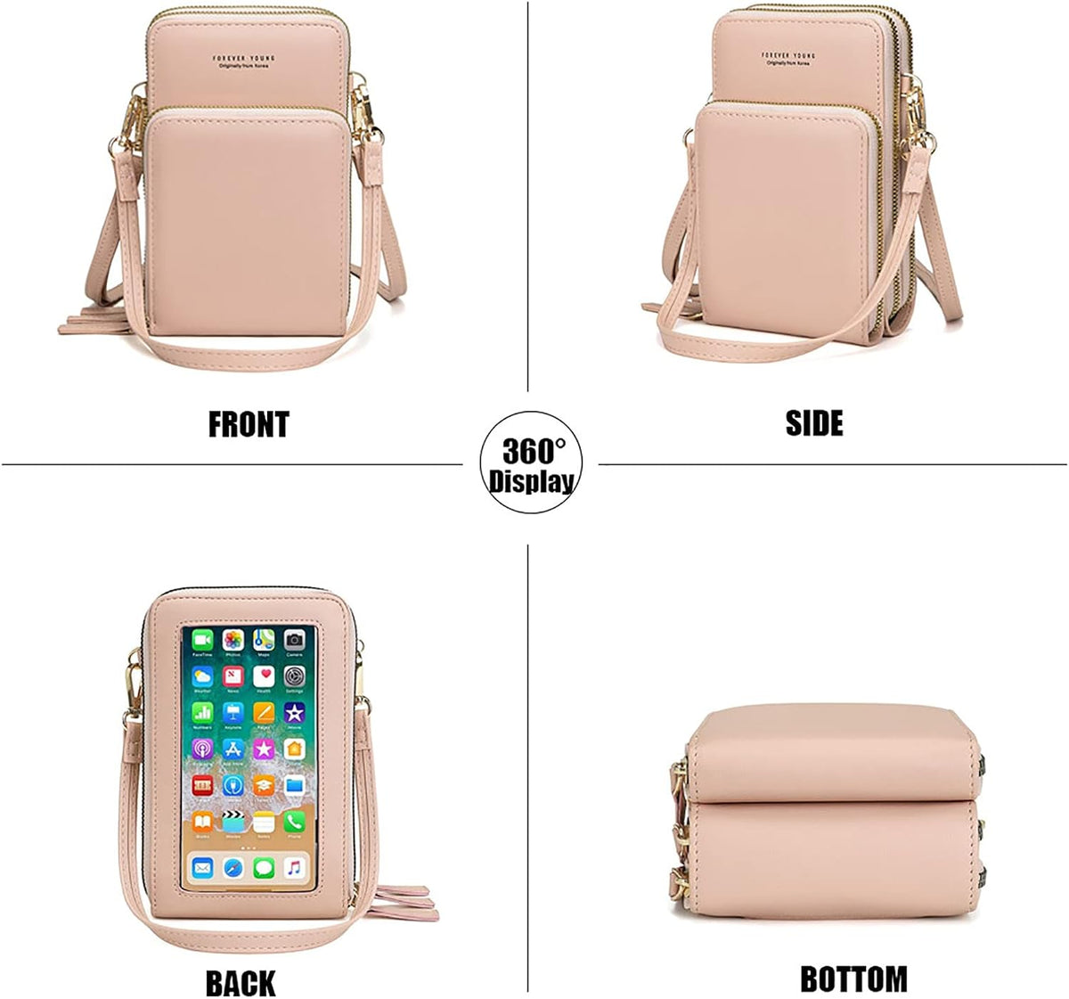 Touch Screen RFID Phone Crossbody Purse with 2 Straps for Women | Clear phone window, RFID card space, 11 slots and zip pockets support quick calls, errands, theme parks and travel