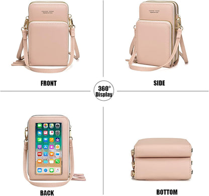 Touch Screen RFID Phone Crossbody Purse with 2 Straps for Women | Clear phone window, RFID card space, 11 slots and zip pockets support quick calls, errands, theme parks and travel