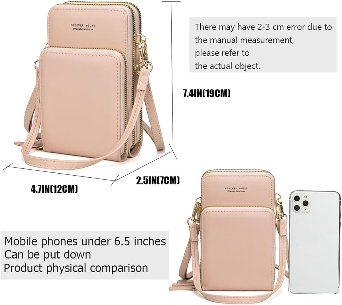 Touch Screen RFID Phone Crossbody Purse with 2 Straps for Women | Clear phone window, RFID card space, 11 slots and zip pockets support quick calls, errands, theme parks and travel