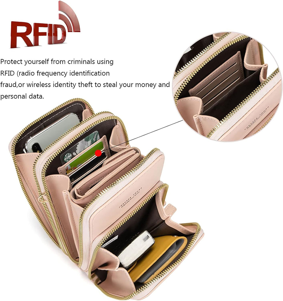 Touch Screen RFID Phone Crossbody Purse with 2 Straps for Women | Clear phone window, RFID card space, 11 slots and zip pockets support quick calls, errands, theme parks and travel