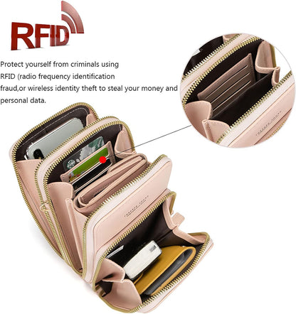 Touch Screen RFID Phone Crossbody Purse with 2 Straps for Women | Clear phone window, RFID card space, 11 slots and zip pockets support quick calls, errands, theme parks and travel