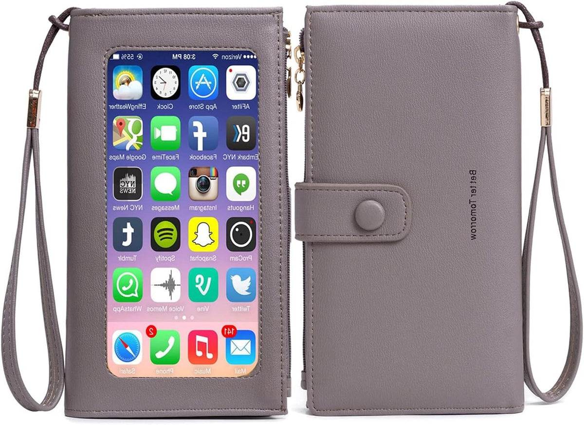 Touch Screen RFID Phone Crossbody Purse with 2 Straps for Women | Clear phone window, RFID card space, 11 slots and zip pockets support quick calls, errands, theme parks and travel