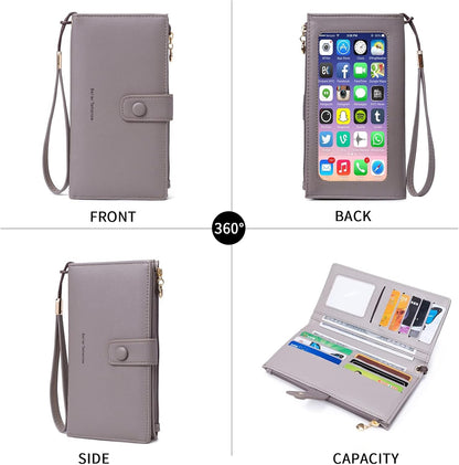 Touch Screen RFID Phone Crossbody Purse with 2 Straps for Women | Clear phone window, RFID card space, 11 slots and zip pockets support quick calls, errands, theme parks and travel