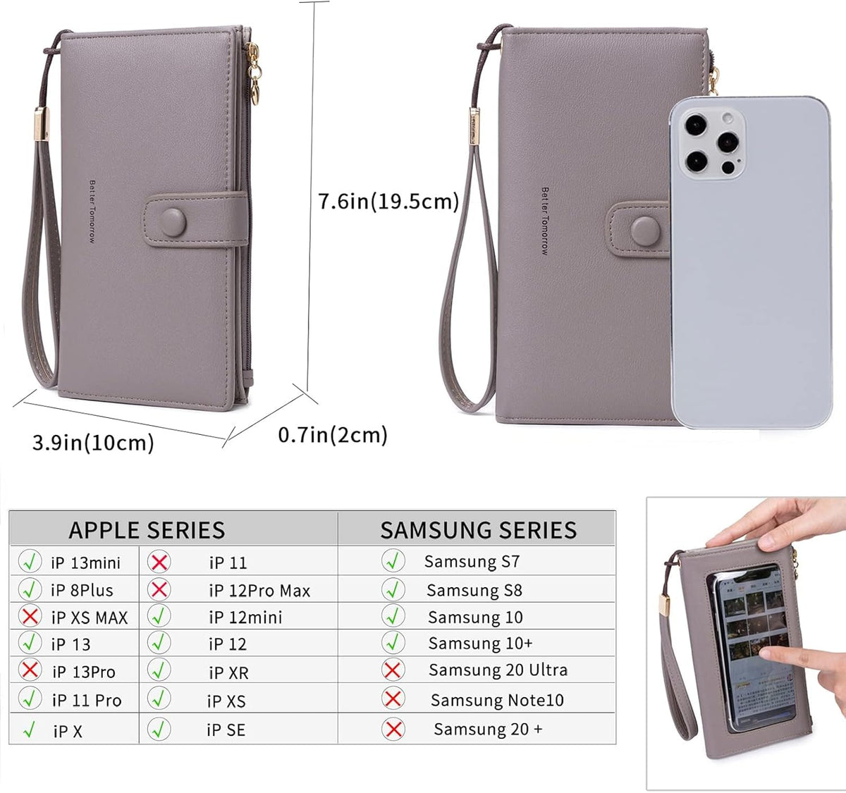 Touch Screen RFID Phone Crossbody Purse with 2 Straps for Women | Clear phone window, RFID card space, 11 slots and zip pockets support quick calls, errands, theme parks and travel
