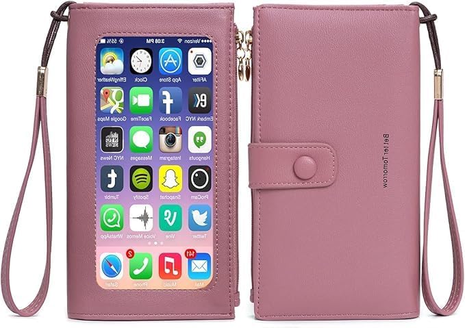 Touch Screen RFID Phone Crossbody Purse with 2 Straps for Women | Clear phone window, RFID card space, 11 slots and zip pockets support quick calls, errands, theme parks and travel