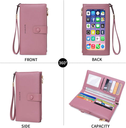 Touch Screen RFID Phone Crossbody Purse with 2 Straps for Women | Clear phone window, RFID card space, 11 slots and zip pockets support quick calls, errands, theme parks and travel