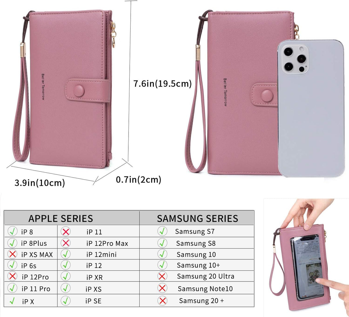 Touch Screen RFID Phone Crossbody Purse with 2 Straps for Women | Clear phone window, RFID card space, 11 slots and zip pockets support quick calls, errands, theme parks and travel