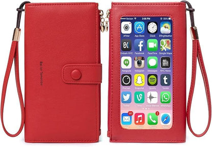 Touch Screen RFID Phone Crossbody Purse with 2 Straps for Women | Clear phone window, RFID card space, 11 slots and zip pockets support quick calls, errands, theme parks and travel